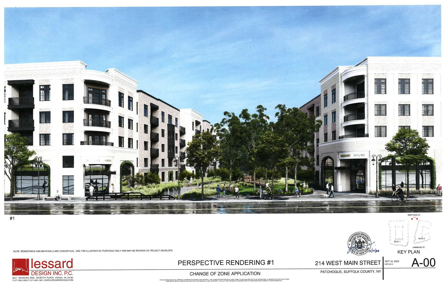 This rendering shows one of the two proposed apartment buildings. The right side of the building would include the former trolley house that would be made part of the building.